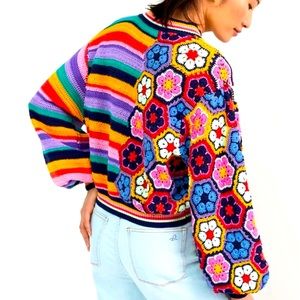 FARM Rio | Sweaters | Farm Rio Rainbow Flower Stripe Crochet Knit Cotton  Cropped Sweater Small Rare | Poshmark